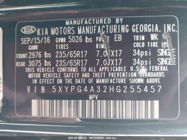 Photo 8 VIN: 5XYPG4A32HG255457 - KIA SORENTO 