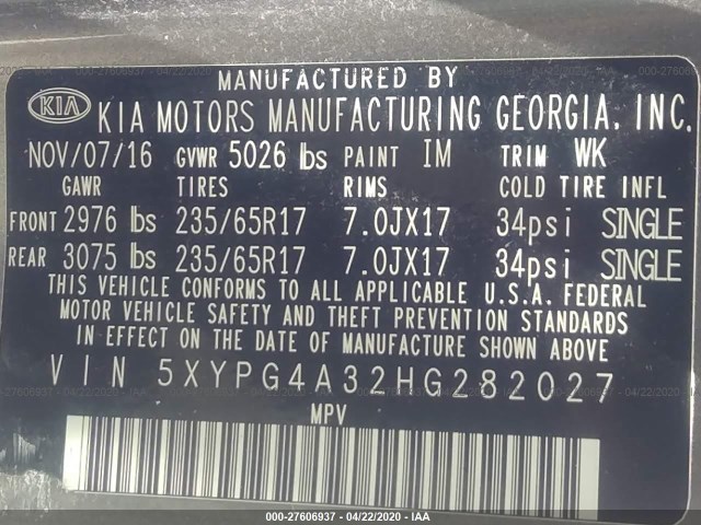 Photo 8 VIN: 5XYPG4A32HG282027 - KIA SORENTO 