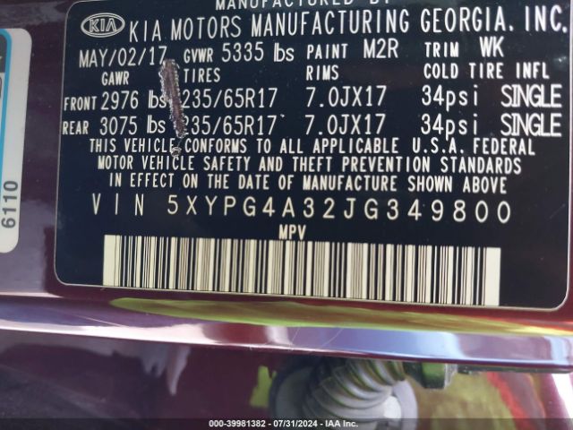 Photo 8 VIN: 5XYPG4A32JG349800 - KIA SORENTO 