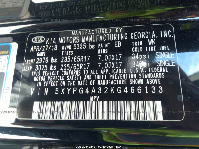 Photo 8 VIN: 5XYPG4A32KG466133 - KIA SORENTO 