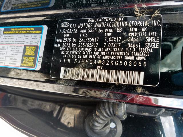 Photo 9 VIN: 5XYPG4A32KG503066 - KIA SORENTO L 