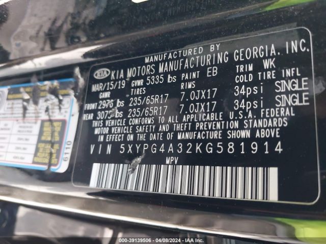 Photo 8 VIN: 5XYPG4A32KG581914 - KIA SORENTO 