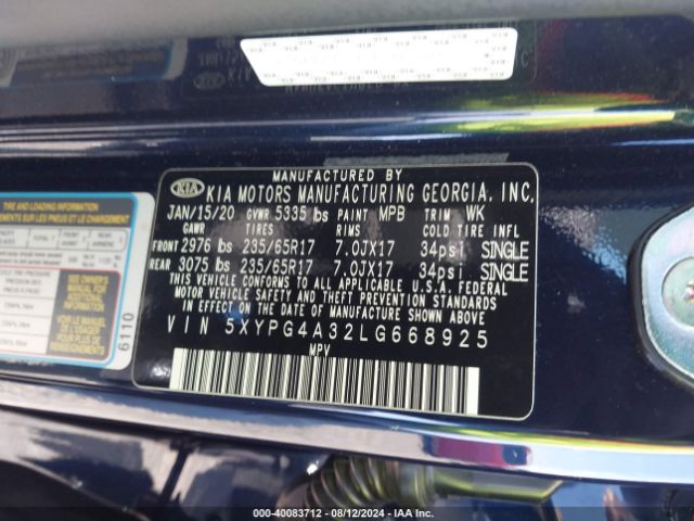 Photo 8 VIN: 5XYPG4A32LG668925 - KIA SORENTO 