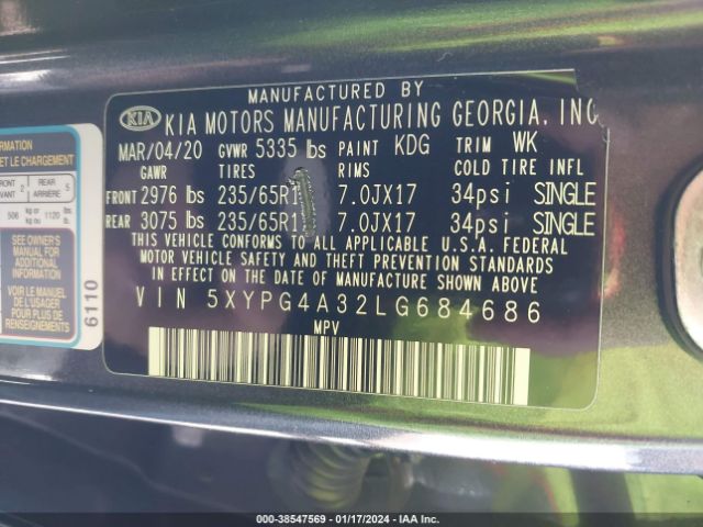 Photo 8 VIN: 5XYPG4A32LG684686 - KIA SORENTO 