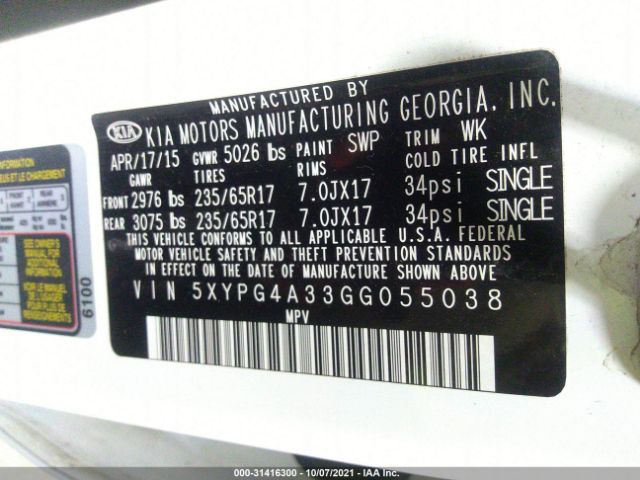 Photo 8 VIN: 5XYPG4A33GG055038 - KIA SORENTO 