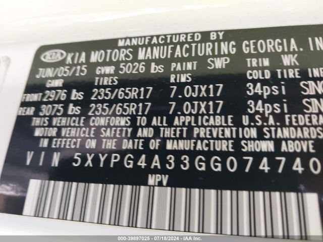 Photo 8 VIN: 5XYPG4A33GG074740 - KIA SORENTO 