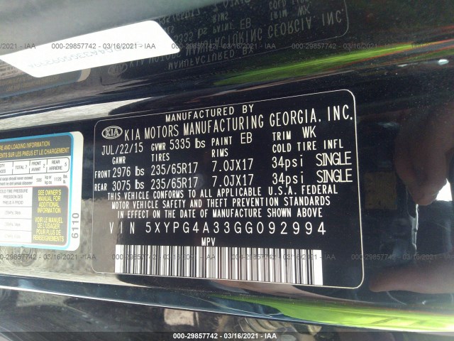 Photo 8 VIN: 5XYPG4A33GG092994 - KIA SORENTO 