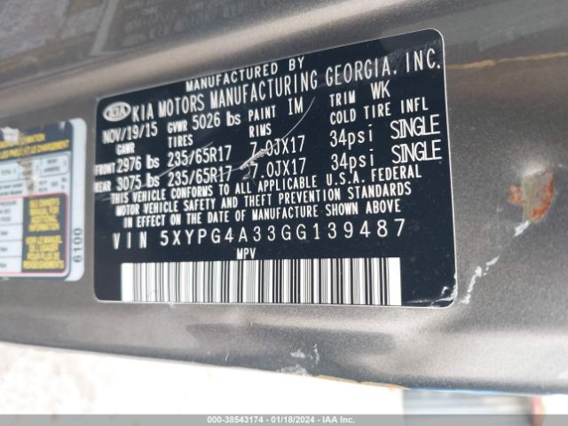 Photo 8 VIN: 5XYPG4A33GG139487 - KIA SORENTO 