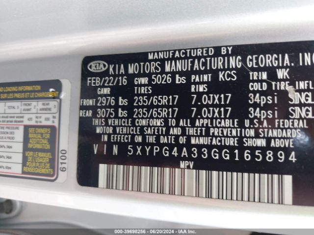 Photo 8 VIN: 5XYPG4A33GG165894 - KIA SORENTO 