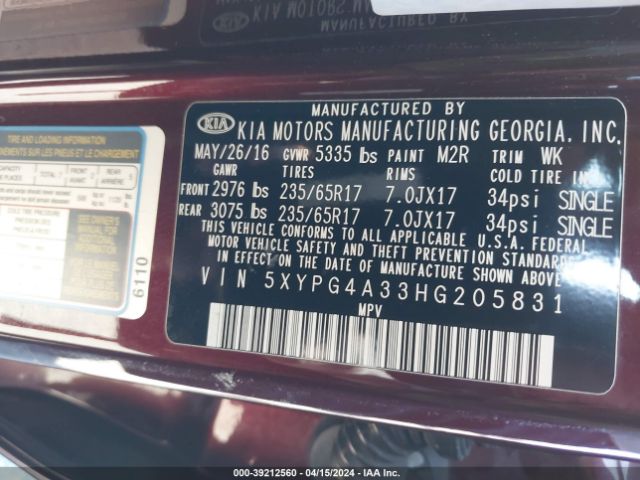 Photo 8 VIN: 5XYPG4A33HG205831 - KIA SORENTO 