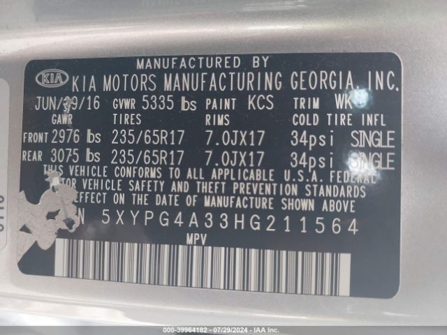 Photo 8 VIN: 5XYPG4A33HG211564 - KIA SORENTO 