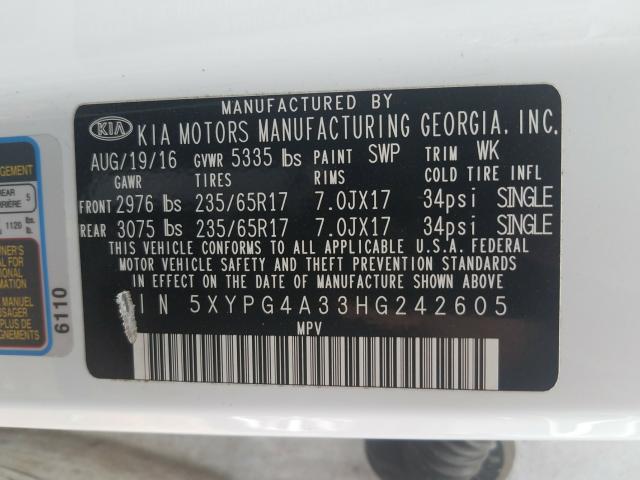 Photo 9 VIN: 5XYPG4A33HG242605 - KIA SORENTO LX 