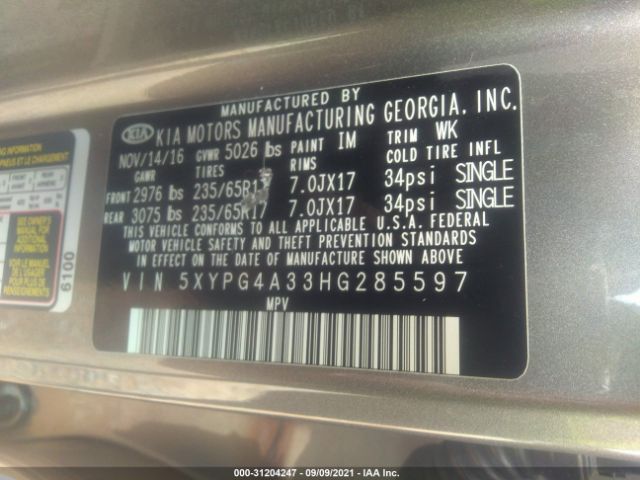 Photo 8 VIN: 5XYPG4A33HG285597 - KIA SORENTO 