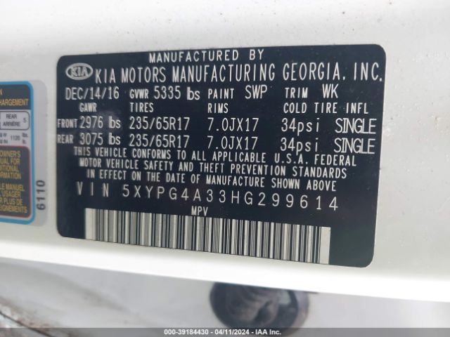 Photo 8 VIN: 5XYPG4A33HG299614 - KIA SORENTO 