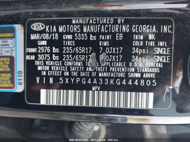 Photo 8 VIN: 5XYPG4A33KG444805 - KIA SORENTO 