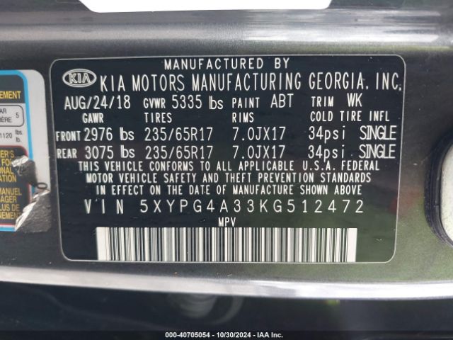 Photo 8 VIN: 5XYPG4A33KG512472 - KIA SORENTO 