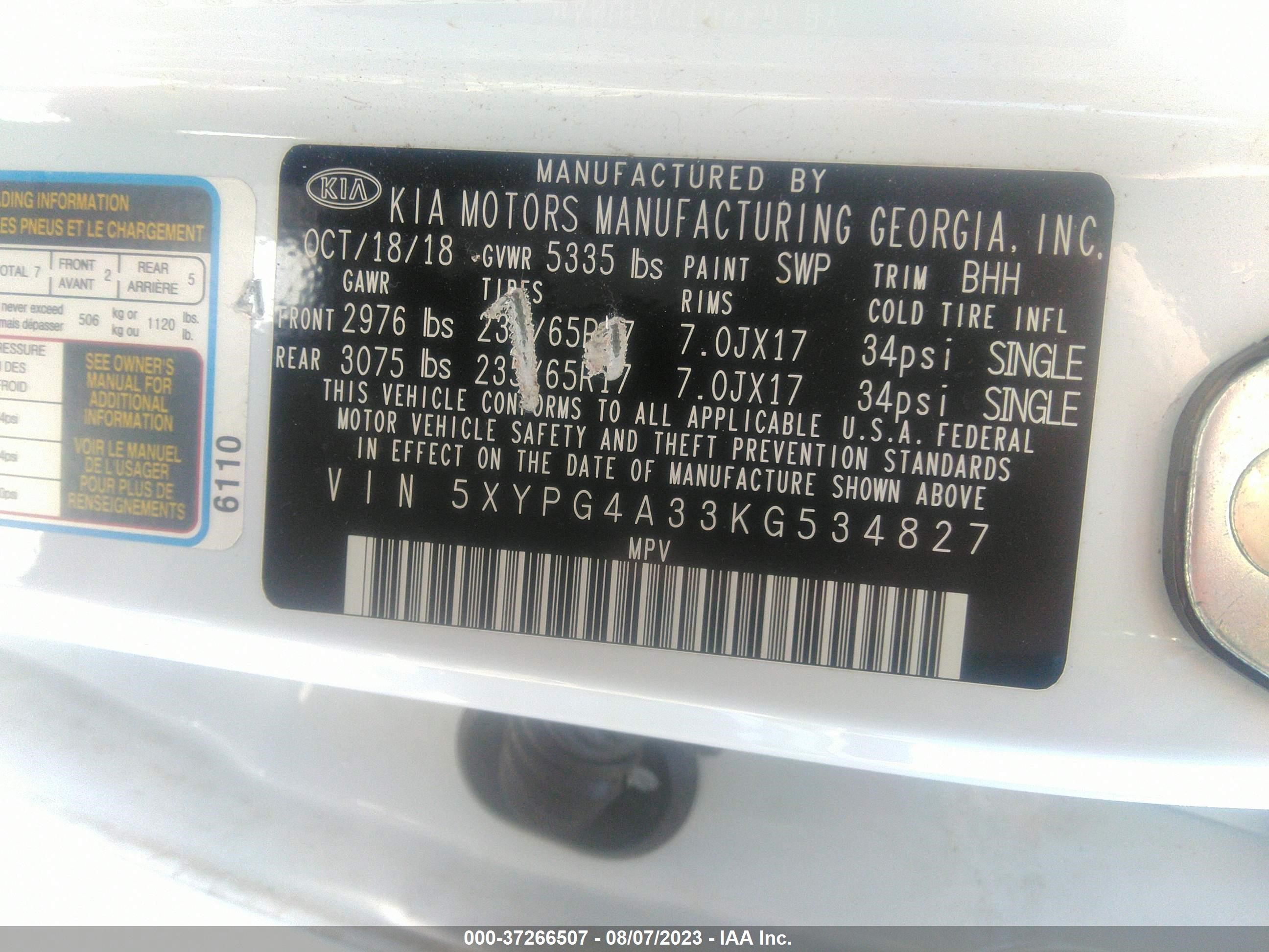 Photo 8 VIN: 5XYPG4A33KG534827 - KIA SORENTO 