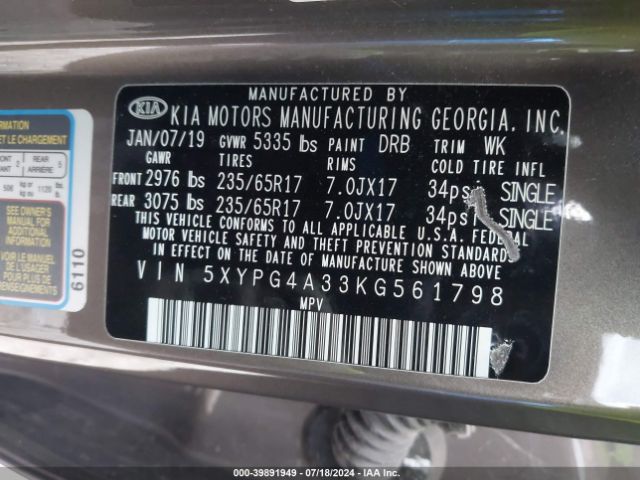 Photo 8 VIN: 5XYPG4A33KG561798 - KIA SORENTO 