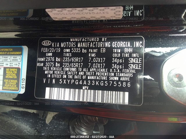 Photo 8 VIN: 5XYPG4A33KG575586 - KIA SORENTO 