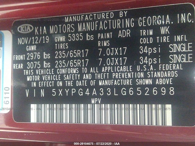 Photo 8 VIN: 5XYPG4A33LG652698 - KIA SORENTO 