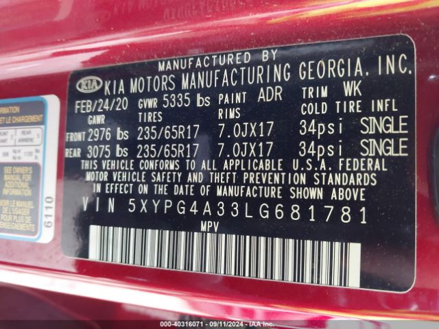 Photo 8 VIN: 5XYPG4A33LG681781 - KIA SORENTO 