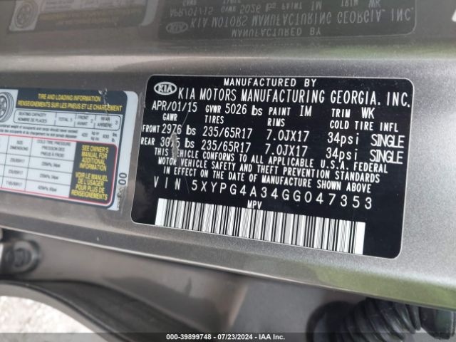 Photo 8 VIN: 5XYPG4A34GG047353 - KIA SORENTO 