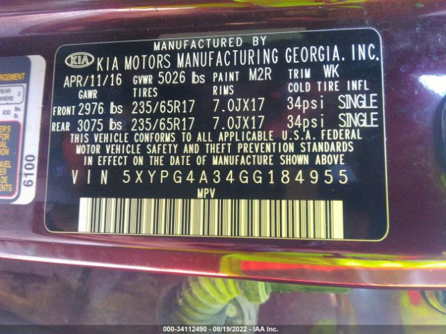 Photo 8 VIN: 5XYPG4A34GG184955 - KIA SORENTO 