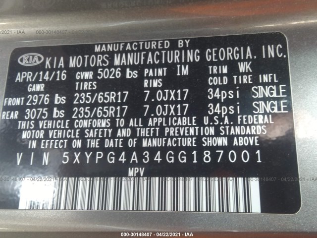 Photo 8 VIN: 5XYPG4A34GG187001 - KIA SORENTO 