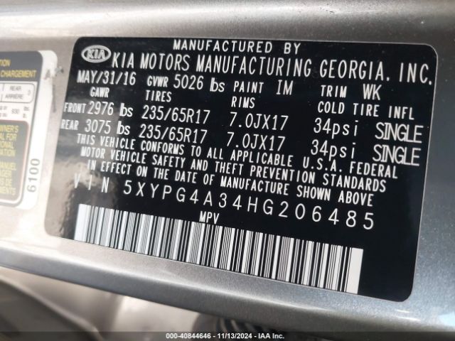 Photo 8 VIN: 5XYPG4A34HG206485 - KIA SORENTO 