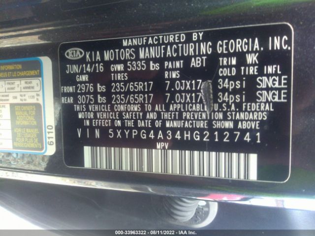 Photo 8 VIN: 5XYPG4A34HG212741 - KIA SORENTO 