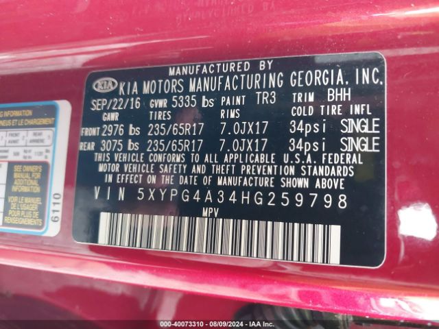 Photo 8 VIN: 5XYPG4A34HG259798 - KIA SORENTO 