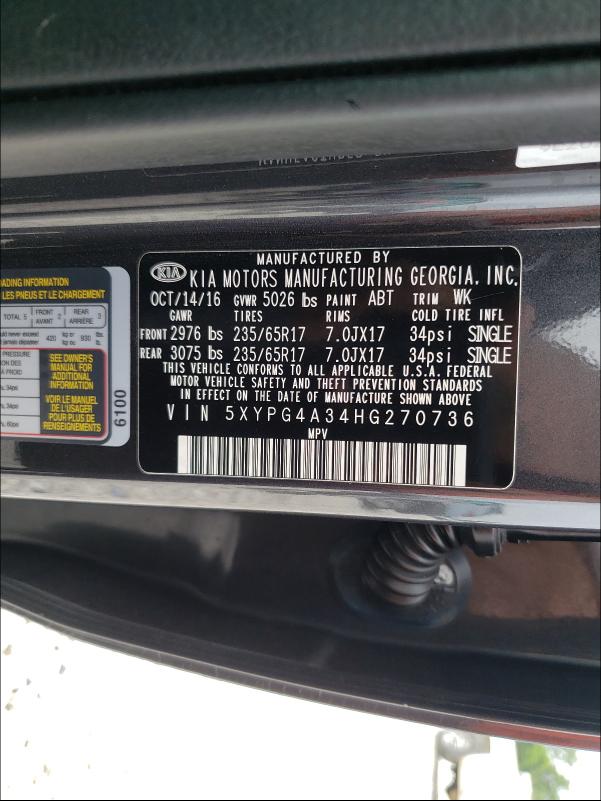 Photo 9 VIN: 5XYPG4A34HG270736 - KIA SORENTO LX 