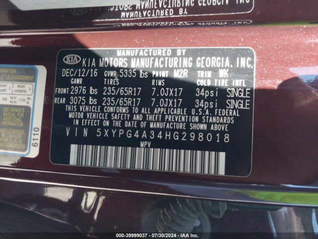 Photo 8 VIN: 5XYPG4A34HG298018 - KIA SORENTO 