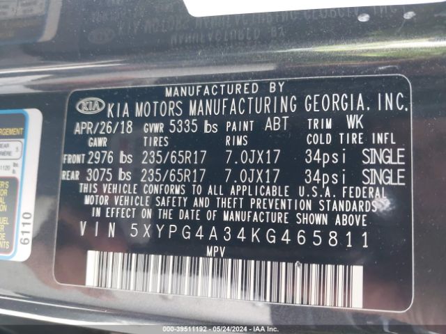 Photo 8 VIN: 5XYPG4A34KG465811 - KIA SORENTO 