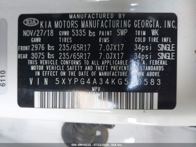 Photo 8 VIN: 5XYPG4A34KG550583 - KIA SORENTO 