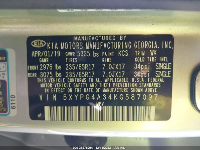 Photo 8 VIN: 5XYPG4A34KG587097 - KIA SORENTO 