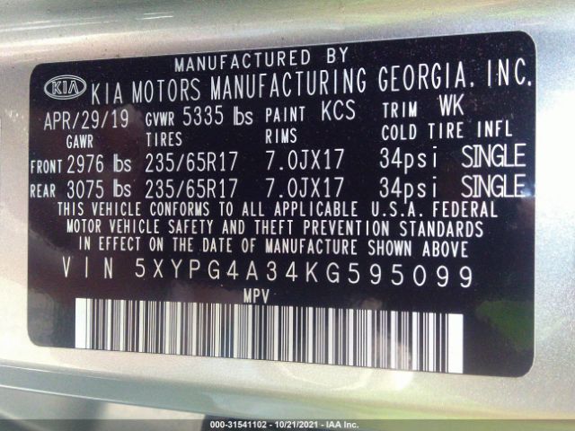 Photo 8 VIN: 5XYPG4A34KG595099 - KIA SORENTO 