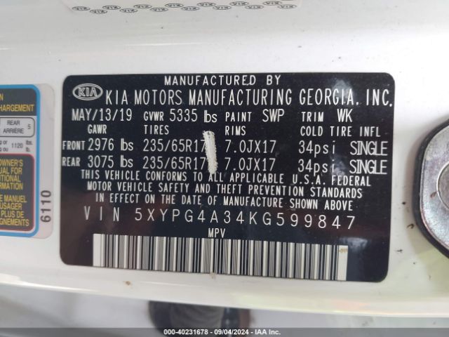 Photo 8 VIN: 5XYPG4A34KG599847 - KIA SORENTO 