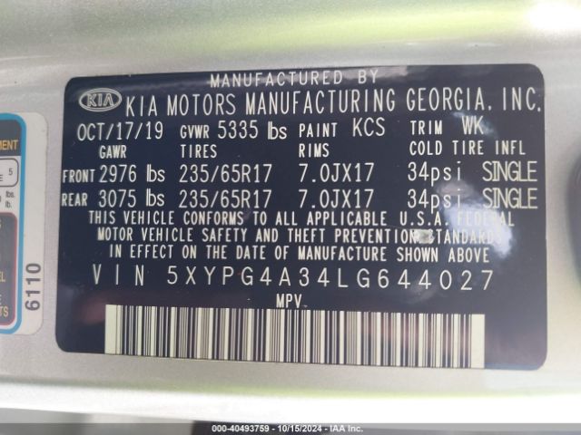 Photo 8 VIN: 5XYPG4A34LG644027 - KIA SORENTO 