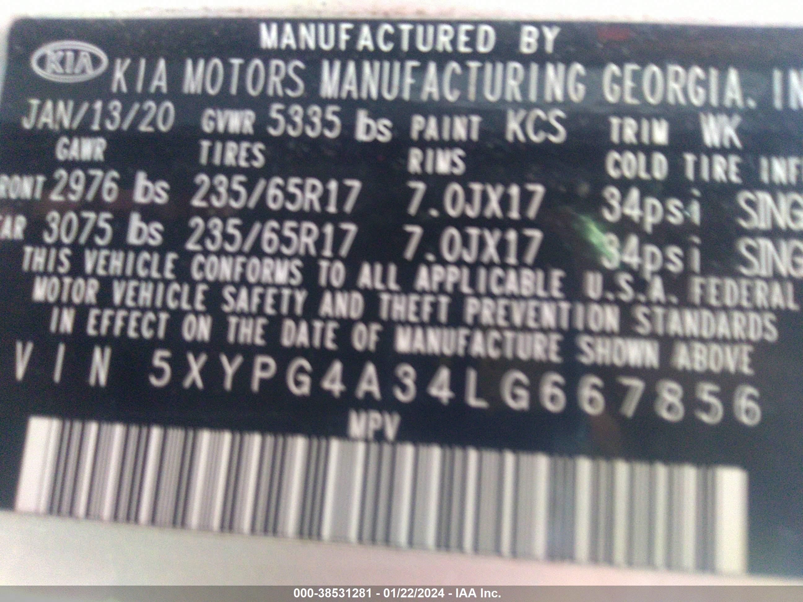 Photo 8 VIN: 5XYPG4A34LG667856 - KIA SORENTO 