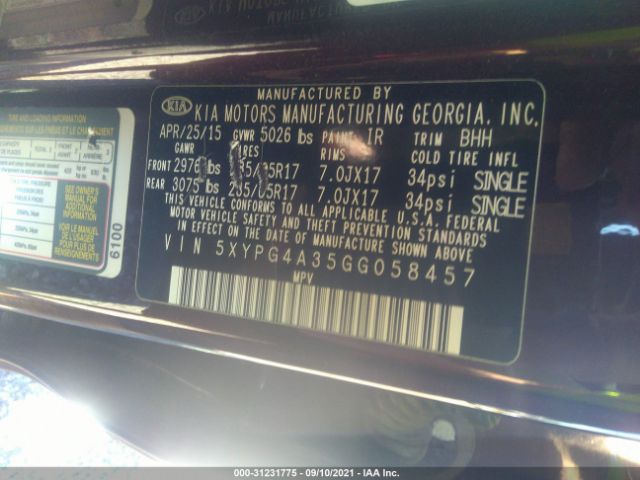 Photo 8 VIN: 5XYPG4A35GG058457 - KIA SORENTO 