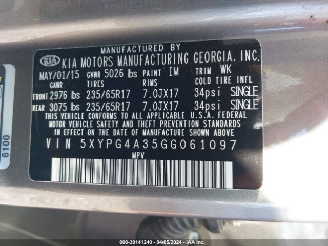 Photo 8 VIN: 5XYPG4A35GG061097 - KIA SORENTO 