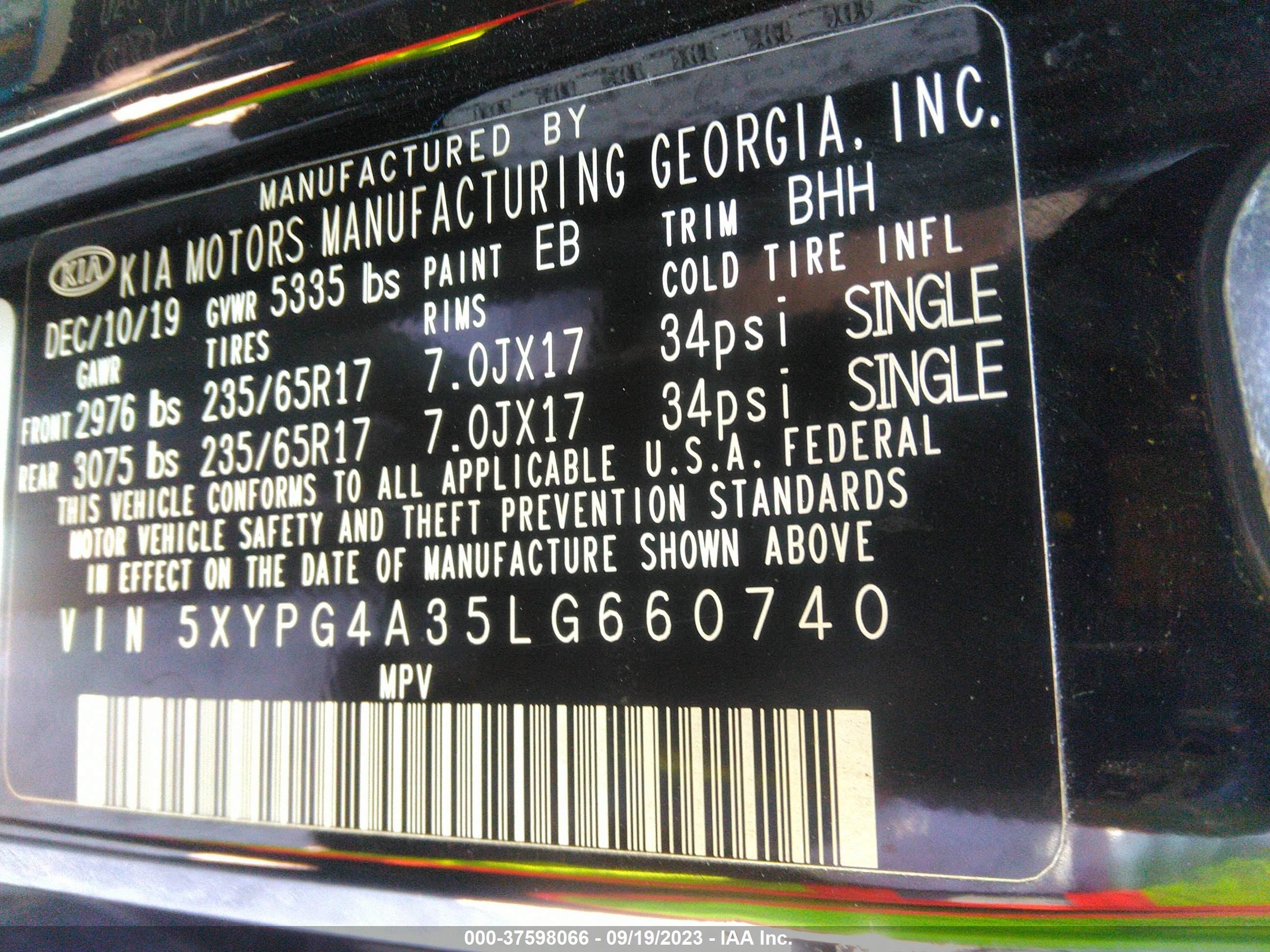 Photo 8 VIN: 5XYPG4A35LG660740 - KIA SORENTO 