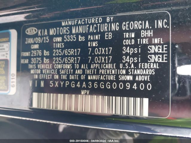 Photo 8 VIN: 5XYPG4A36GG009400 - KIA SORENTO 