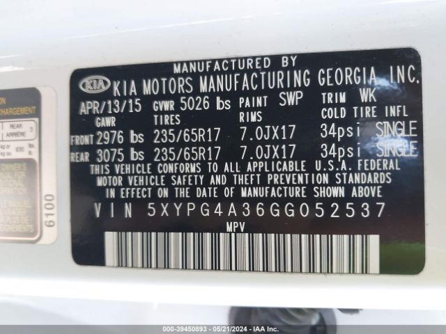 Photo 8 VIN: 5XYPG4A36GG052537 - KIA SORENTO 