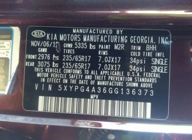 Photo 8 VIN: 5XYPG4A36GG136373 - KIA SORENTO 