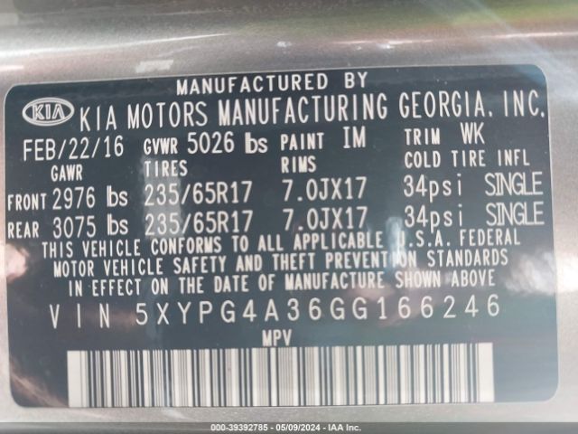 Photo 8 VIN: 5XYPG4A36GG166246 - KIA SORENTO 