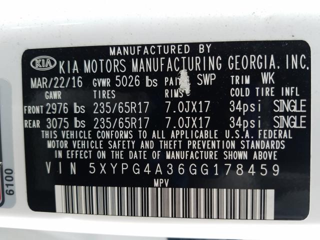 Photo 9 VIN: 5XYPG4A36GG178459 - KIA SORENTO LX 