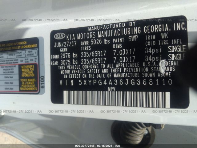 Photo 8 VIN: 5XYPG4A36JG368110 - KIA SORENTO 