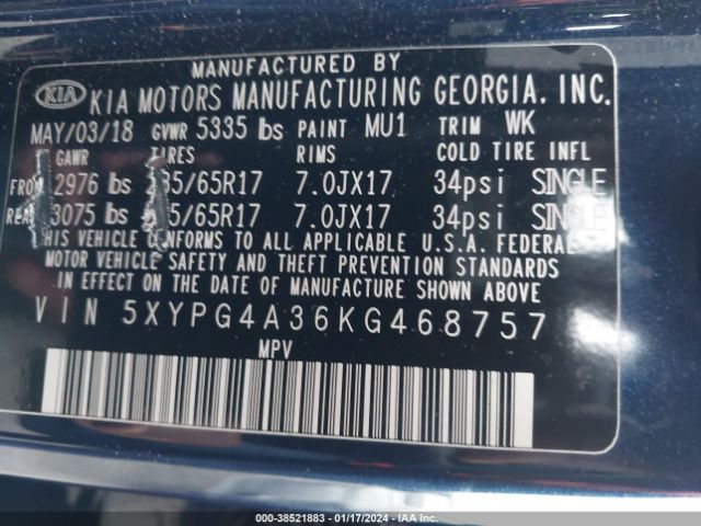 Photo 8 VIN: 5XYPG4A36KG468757 - KIA SORENTO 